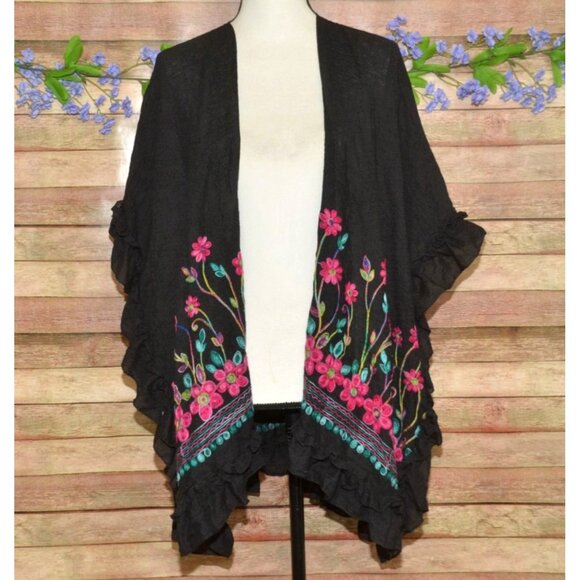 Womens Black Embroidered Floral Open Front Cover Up Cardigan Plus Size 4X Ruffle - Picture 5 of 10